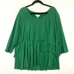Susan Graver Tiered 3/4 Sleeve Top Blouse Womens Size 3X Kelly Green Liquid Knit